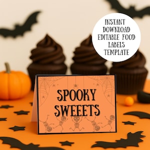 Editable Halloween Food Table Labels, Folding Tent Cards Printable, Spooky Party Buffet Table Decor, Editable Halloween Place Cards for Kids