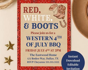 Editable Red White & Boots 4th of July Invitation, Western Cowboy BBQ Party Invite, Patriotic Summer Event Printable, Instant Download