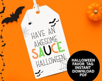 Etiqueta de presente de molho de maçã para Halloween com molho incrível em PDF para impressão, sacola de guloseimas de Halloween sem doces, etiqueta de sacola de guloseimas de Halloween clássica e fofa