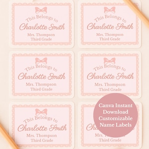 May include: A set of pink and cream name labels featuring a bow design. Each label says "This Belongs to Charlotte Smith" with additional text. The labels are designed for third grade students. A pink circle with text is in the lower right corner.