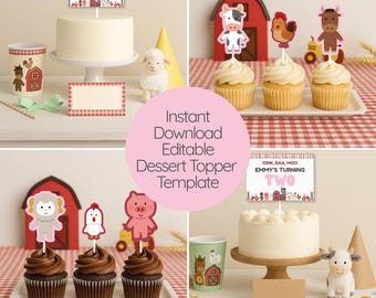 Girl Farm Birthday Cupcake Toppers: Pink Barnyard Animals (Digital Download, Editable in Canva)