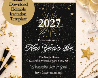 Może przedstawiać: Czarno-złoty szablon zaproszenia na Sylwestra z rokiem 2027 pośrodku. Zaproszenie zawiera tekst "Please join us on New Year's Eve" oraz szczegóły wydarzenia. Projekt zawiera złote gwiazdy i kieliszki do szampana.