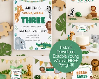 May include: A party kit with a safari theme, featuring an invitation with the text "Aiden is Young, Wild & Three." The kit includes decorations, cupcake toppers, and a cake topper. The color scheme is green, brown, and white.