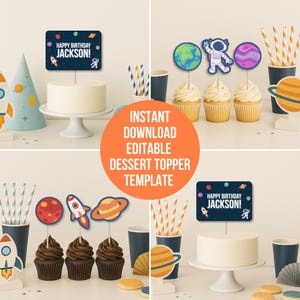 Boy Space Birthday Cupcake Toppers, Rocket Ship Planet Cake Toppers, Outer Space Party Decorations, Astronaut Galaxy Printable Party Decor