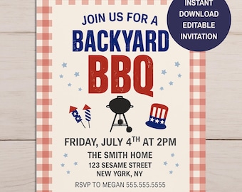 Backyard BBQ 4th of July Invitation Printable, Patriotic Summer Cookout Party Invite, Editable Red White Blue Gingham Instant Download