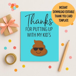 Carte de remerciement amusante, modèle de toile personnalisable, remerciement de l'enseignant à imprimer, cadeau de fin d'année pour enseignant de la rentrée scolaire, carte Emoji caca