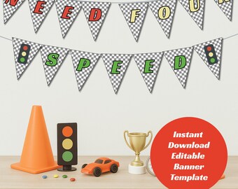 Banner racewagen 4e verjaardag: geblokte vlag feestslinger (digitale download)