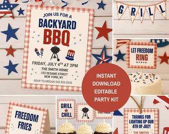 Può includere: Un assortimento di decorazioni per feste patriottiche in rosso, bianco e blu. Include un invito a un barbecue, decorazioni per cupcake e uno striscione con la scritta "GRILL". Perfetto per una festa del 4 luglio.