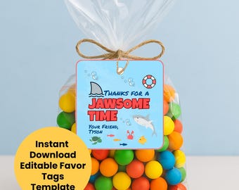 Shark Birthday Favor Tags, Ocean Party Gift Tag Printable, Editable Under the Sea Thank You Tags, Jawsome Time Custom Instant Download