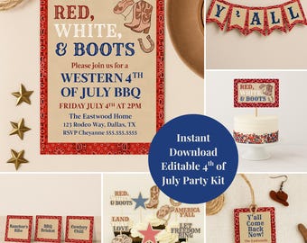 Western 4th of July Party Printable Bundle, Red White Boots BBQ Decor, Cowboy Birthday Decorations, Canva Templates, Instant Download