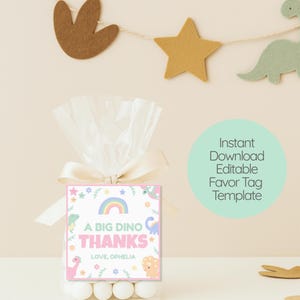Girl Dinosaur Favor Tags, Printable Dino Thank You Treat Bag Tags, Pastel Three Rex 3rd Birthday Decorations, Rainbow Dinosaur Party Decor