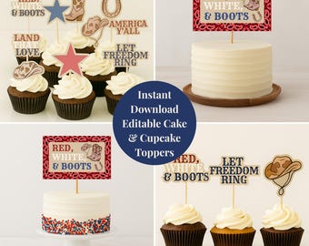 Western 4th of July Cake & Cupcake Toppers, Red White Boots Birthday Decor, Country Cowboy Party Decorations, Printable Instant Download