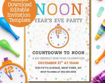 May include: A New Year's Eve party invitation with the word "NOON" in teal, orange, and purple. The invitation includes a clock graphic and the text "Countdown to Noon" and "December 31st at 10 AM". The invitation is surrounded by confetti and party favors.
