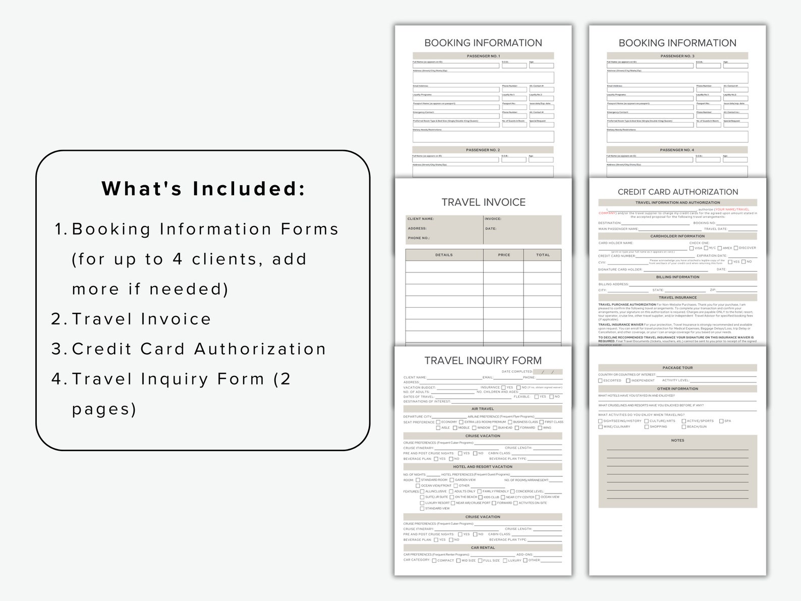 Travel Agent Forms Canva Template Bundle, Travel Invoice, Travel