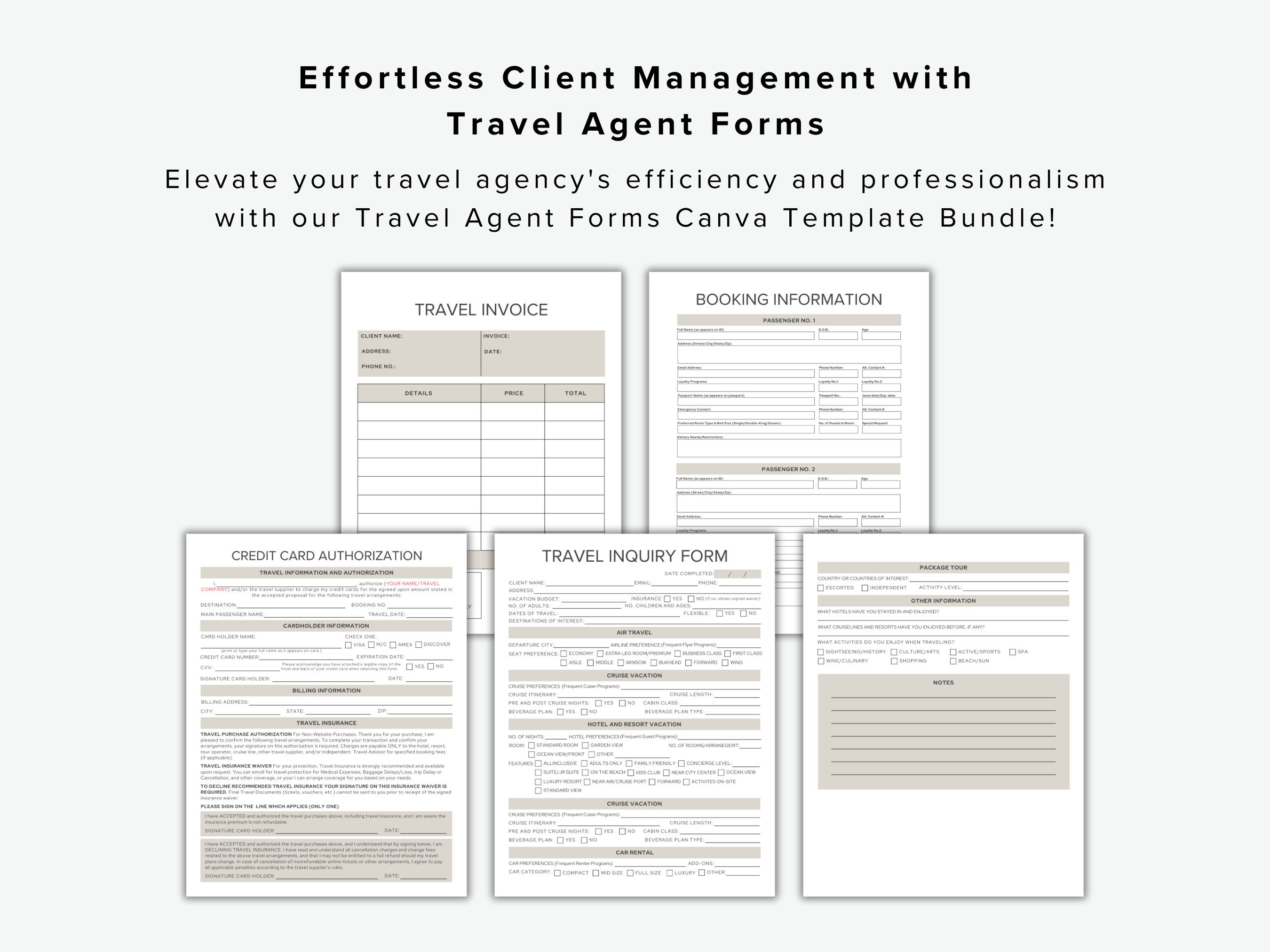 Travel Agent Forms Canva Template Bundle, Travel Invoice, Travel