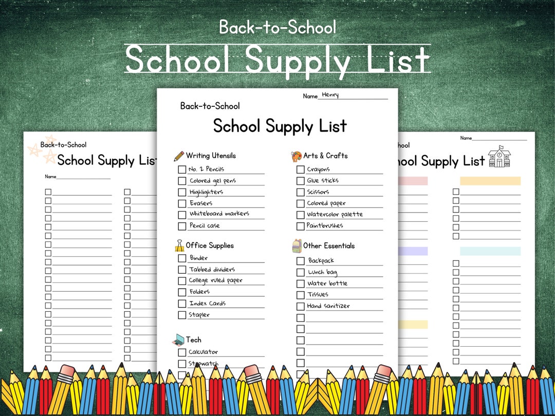 PRINTABLE School Supply List Elementary School Supply List Template