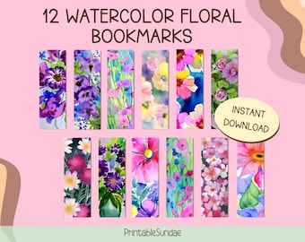 Set of 12 Printable Watercolor Floral Bookmarks, Digital Instant Download, Cricut, Silhouette, Beautiful Nature Bookmark Gift Set