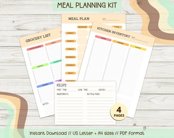 Puede incluir: Un kit de planificación de comidas imprimible con cuatro páginas. Las páginas incluyen una lista de la compra, un plan de comidas, un inventario de cocina y una plantilla de receta. Las páginas están diseñadas con un fondo naranja claro y acentos coloridos.