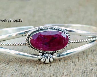 Ruby Sterling Silver Bangle Bracelet: Boho Cuff Jewelry
