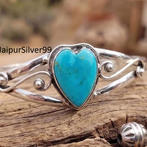 Kingman Turquoise Heart Bangle, 925 Sterling Silver, Adjustable Bangle, Boho Jewelry
