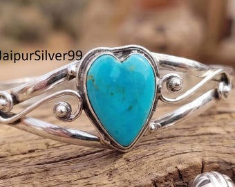 Bracelet jonc coeur Kingman turquoise, argent sterling 925, bracelet jonc réglable, bijoux bohèmes