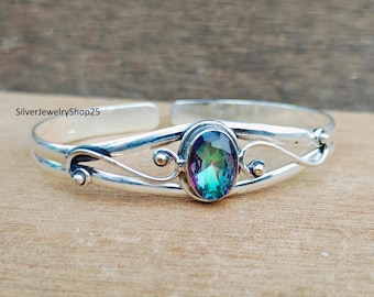 Mystic Topaz Bangle: Adjustable 925 Sterling Silver Cuff Bracelet