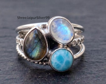 Sterling Silver Larimar, Moonstone, Labradorite Gemstone Ring
