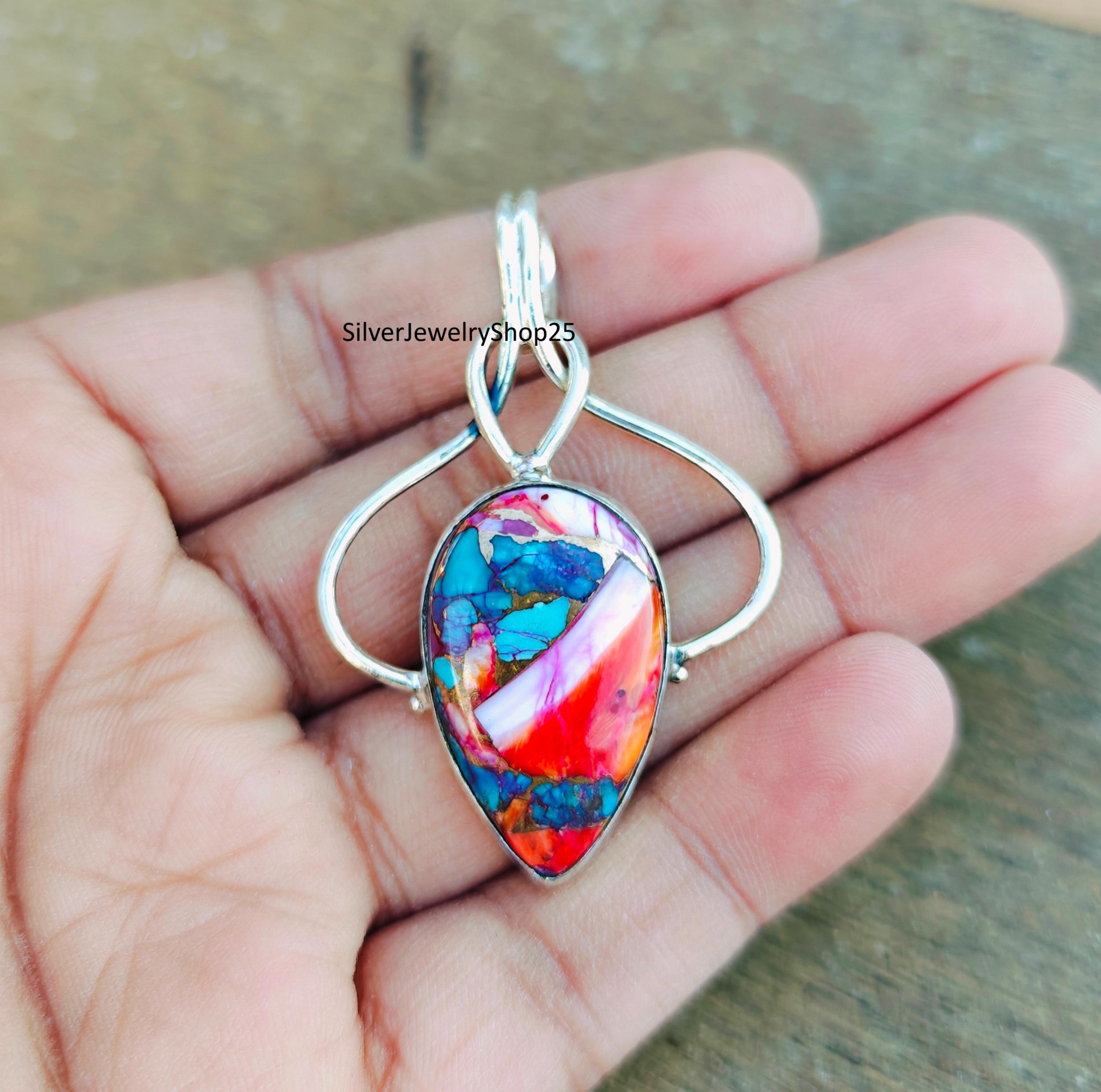 Ciondolo in argento sterling con turchese rosa e rame fatto a