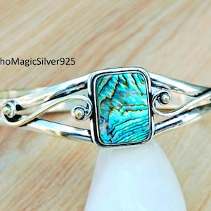 Handmade Abalone Shell Bangle: 925 Sterling Silver Adjustable Boho Jewelry