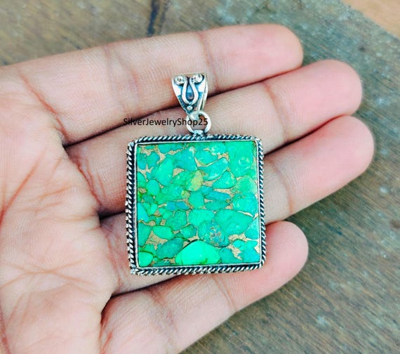 Handmade Green Copper Turquoise Pendant - 925 Sterling Silver
