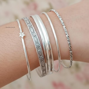 Set of 7 Sterling Silver Bangles, Handmade Boho Arm Cuffs
