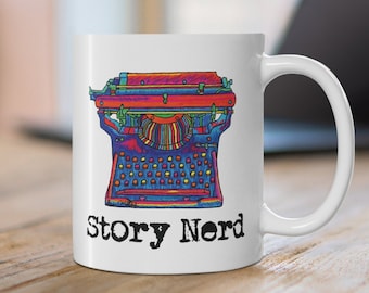 Story Nerd Mug 11oz Retro Gift for Writers Typewriter Mug Ceramic Mug Artistic Colorful Mug for Writers Nerd Mug Type Writer Mug
