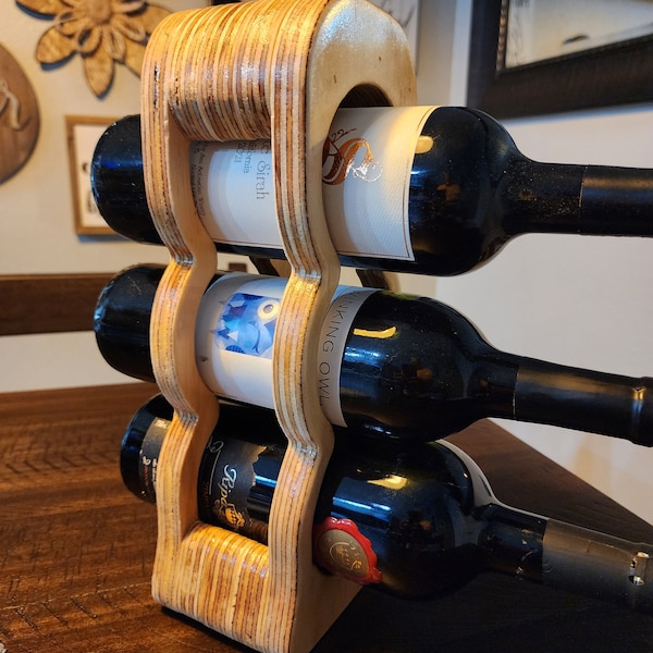 3 Bottle Wine Rack Digital Files CNC(dxf, svg, pdf, crv) with extra file to convert the center cut out into a wine glasses and bottle caddy.