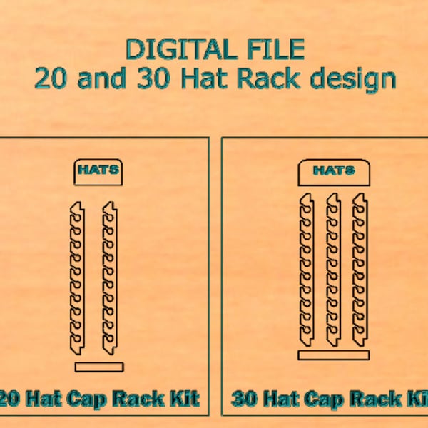 Hat / Cap Rack 20 and 30 hat / cap Kit  Cnc files, SVG, DXF, Files (Digital Files only) with key hole tool path included.