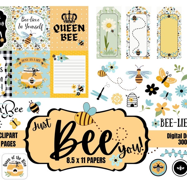 9 Inspirational Spring Bees Clipart Papers Digital Download Junk Journal Ephemera Card Making Scrapbook Supplies 8-1/2" x 11"