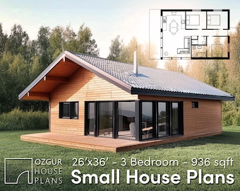 26x36 ft - 3 Bedroom - Single Story Small House Plan - Modern Architectural Design Tiny Cabin Floor Plans - Pdf Printable Blueprint For Sale