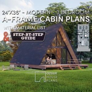 A-frame hut huisplattegrond, 24 x 36 3 slaapkamers moderne doe-het-zelfblauwdruk, architectonisch ontwerp, pdf-afdrukbare plattegronden, een lijst huisplattegrond te koop
