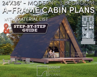 A-Frame Cabin House Plan, 24x36 3 Bedroom Modern DIY Blueprint, Architectural Design, Pdf Printable Floor Plans, a frame House Plan For Sale