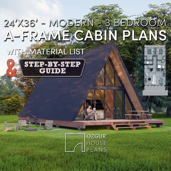 A-Frame Cabin House Plan, 24x36 3 Bedroom Modern DIY Blueprint, Architectural Design, Pdf Printable Floor Plans, a frame House Plan For Sale