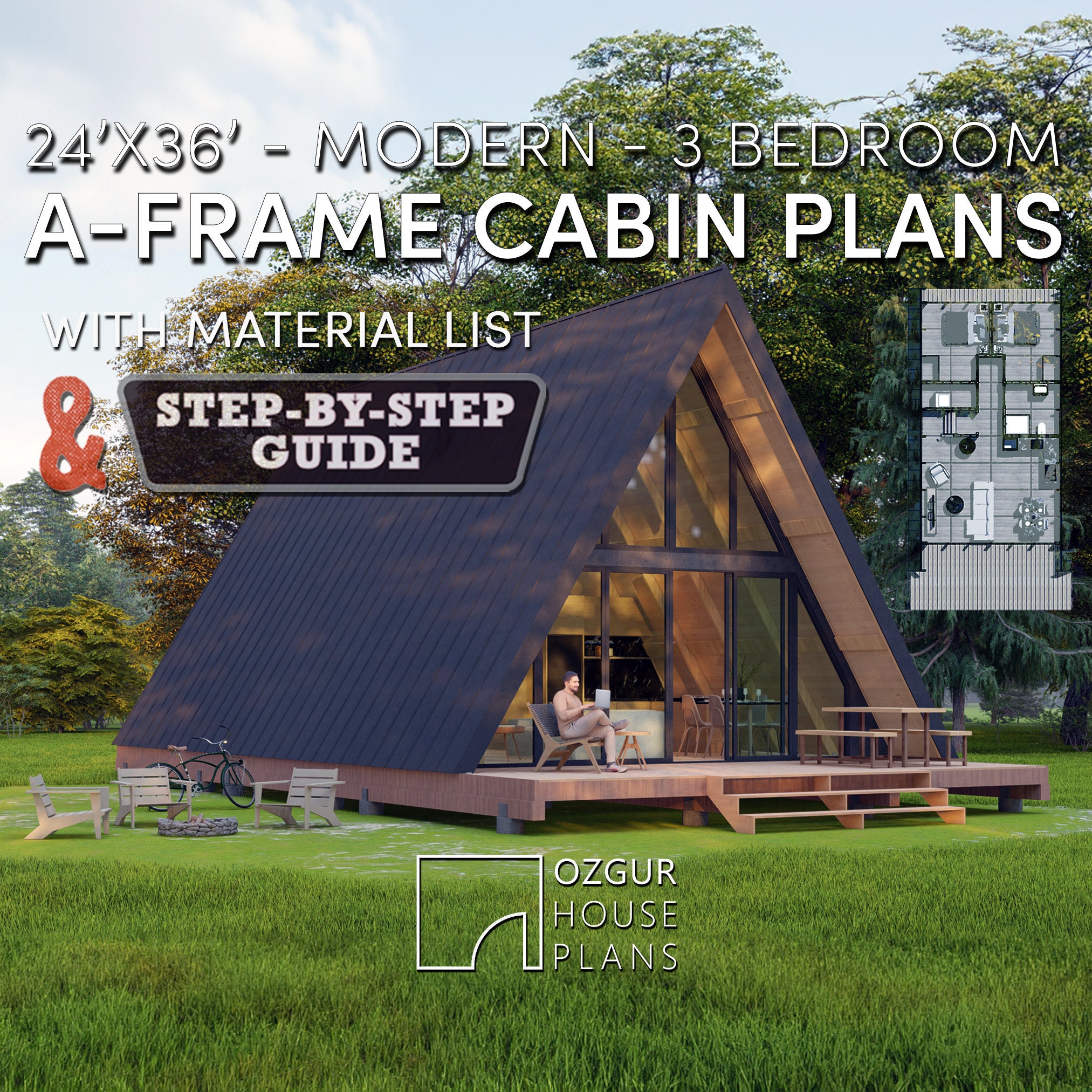 A-frame Cabin House Plan, 24x36 3 Bedroom Modern DIY Blueprint,  Architectural Design, Pdf Printable Floor Plans, a Frame House Plan for  Sale - Etsy Israel, image size:2025x2025