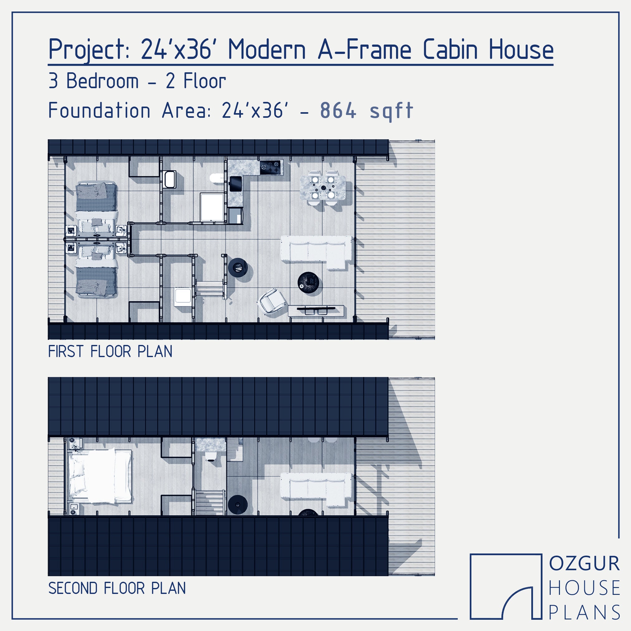 Plano de casa tipo cabaña con estructura en forma de A, plano moderno ...