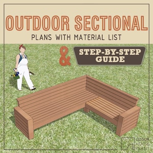 May include: A digital illustration of a wooden outdoor sectional sofa with a step-by-step guide and material list. The sofa is in a corner configuration with a long seat and a smaller seat on the right side. The sofa is on a green lawn. The text "OUTDOOR SECTIONAL" is at the top of the image. The text "PLANS WITH MATERIAL LIST" is below the title. The text "STEP-BY-STEP GUIDE" is in a banner below the title. The text "OZGUR HOUSE PLANS" is in the lower right corner of the image.