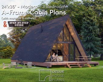 A-Frame Cabin House Plan, 24x36 3 Bedroom Modern DIY Blueprint, Architectural Design, Pdf Printable Floor Plans, a frame House Plan For Sale