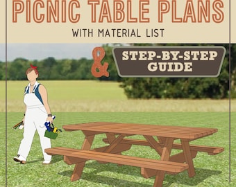 Traditionellt utomhuspicknickbord DIY-plan - PDF-nedladdning - Bygginstruktioner - Materiallista och steg-för-steg-guide - Träbearbetningsritning
