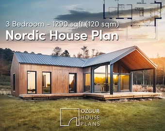 1290sqft(120sqm) - 3 Bedroom - Single Story Nordic House Plan - Modern Architectural Design Floor Plans - Pdf Printable Blueprint For Sale