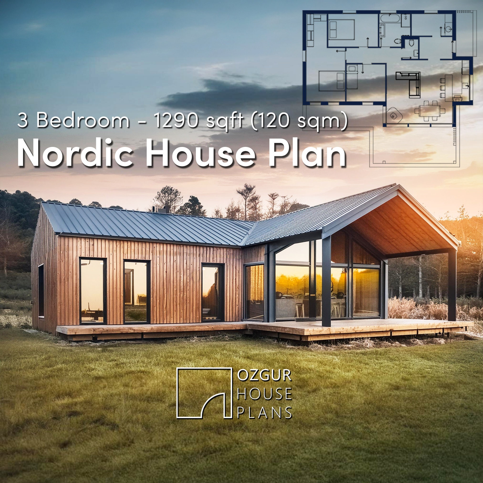 1290sqft(120sqm) - 3 Bedroom - Single Story Nordic House Plan - Modern Architectural Design Floor Plans - Pdf Printable Blueprint For Sale