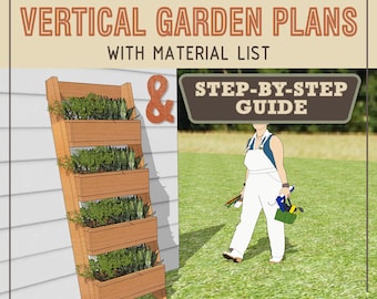 May include: A step-by-step guide to building a vertical garden with a material list. The illustration shows a wooden vertical garden with five tiers, each filled with plants. A person in white overalls is walking towards the garden, holding tools.