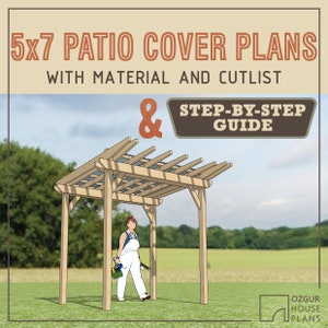 PDF Download - 5x7 ft. Patio Cover DIY Plan - Build Instructions - Material List & Step by step Guide - Pergola Canopy Woodworking Blueprint