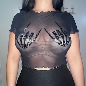 Skeleton Hands - Black Mesh Crop Top - Cute Graphic Tee - Halloween Fashion - Women&#39;s Clothing - Pop Culture- Spooky Season, Lettuce Trim