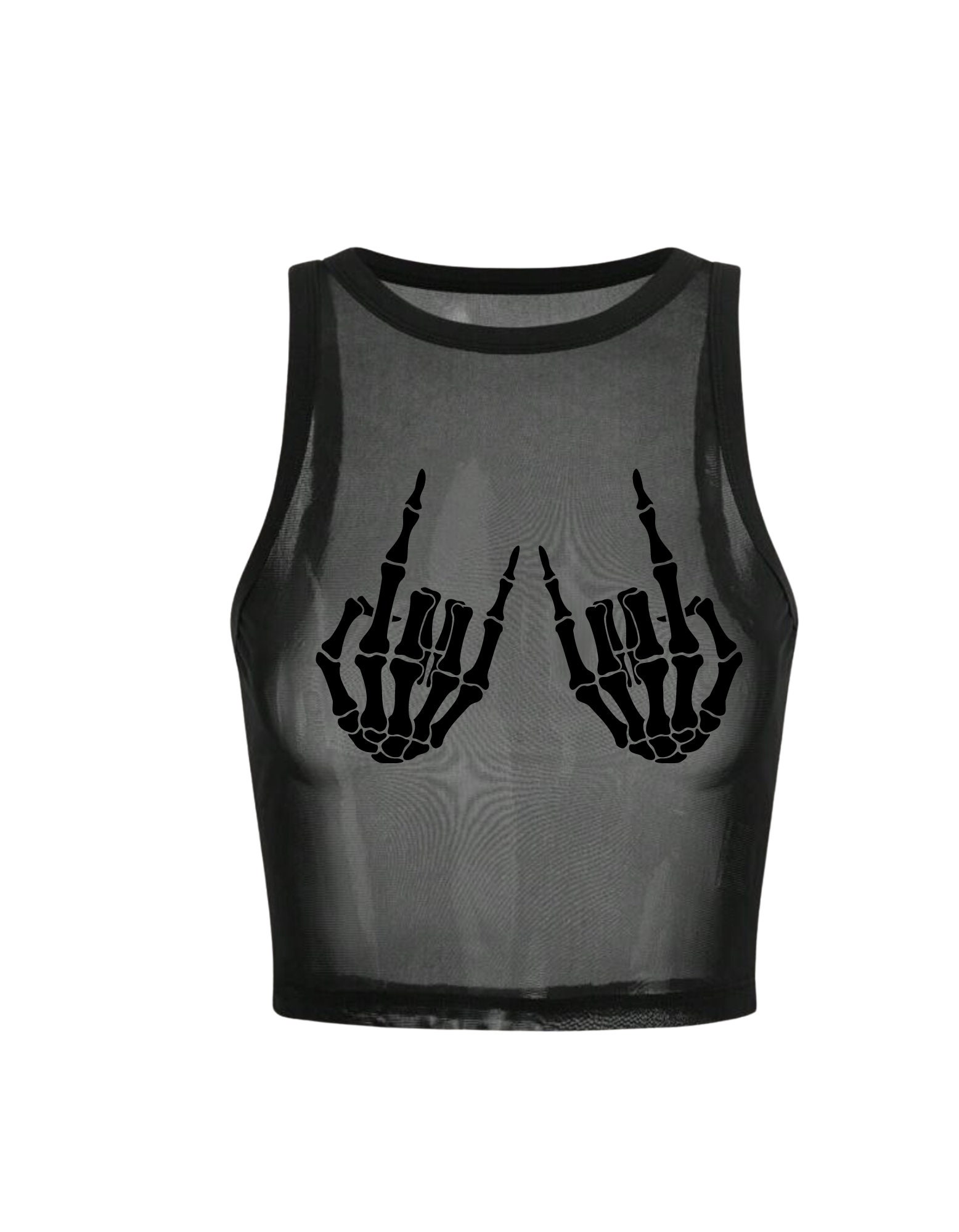 【KOOLOSET】Summer One Star Mesh Knit Skeleton Hands - Black Mesh Cropped Tank Top - Cute Graphic
